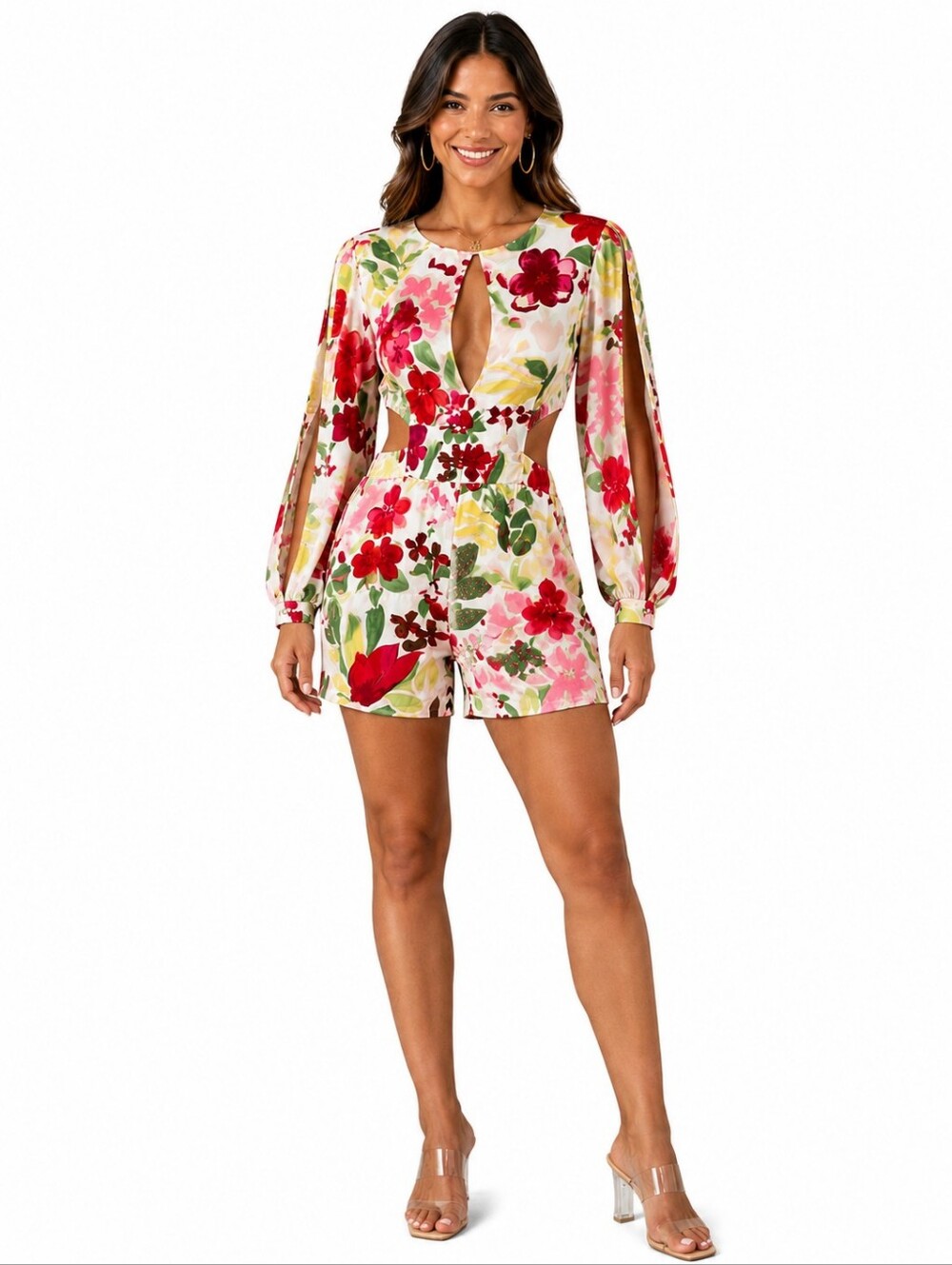 Floral Cutout Long Sleeve Romper Size M